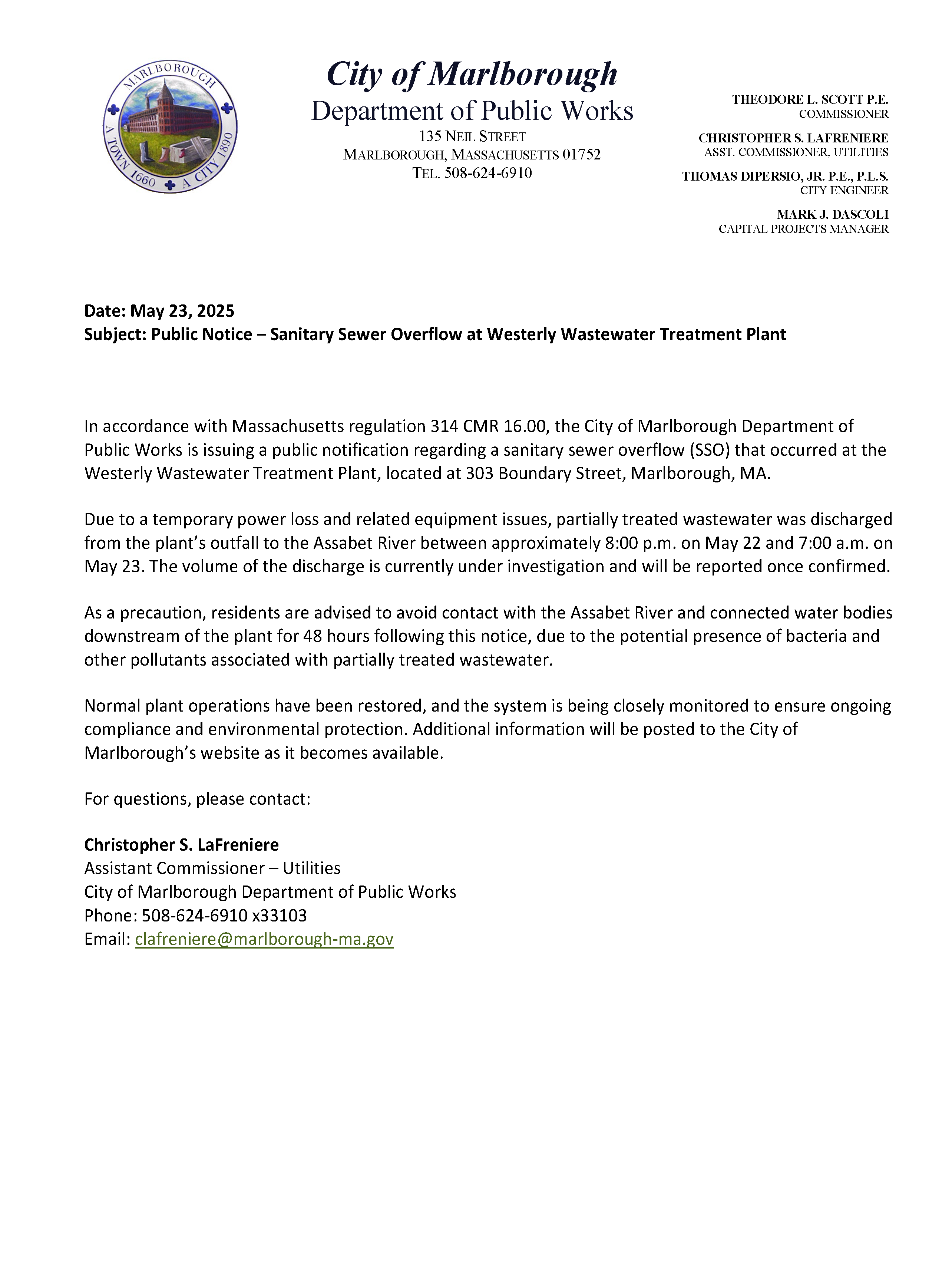 Westerly Treatment Plant - 5-23-25 SSO notification
